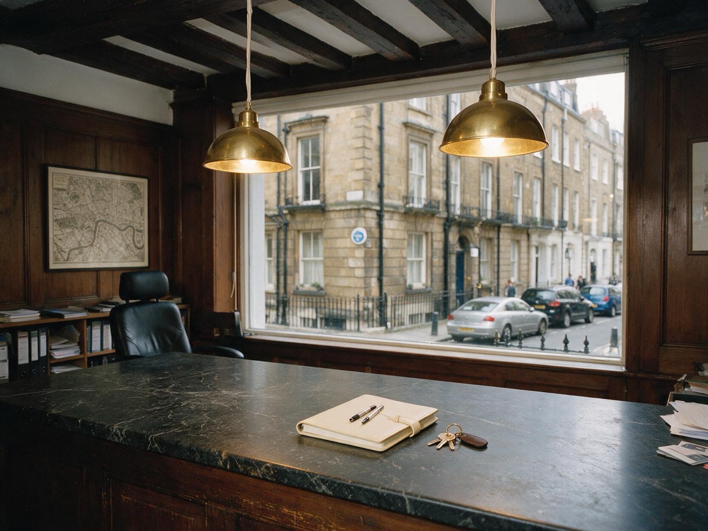 Black marble reception with golden pendant lights