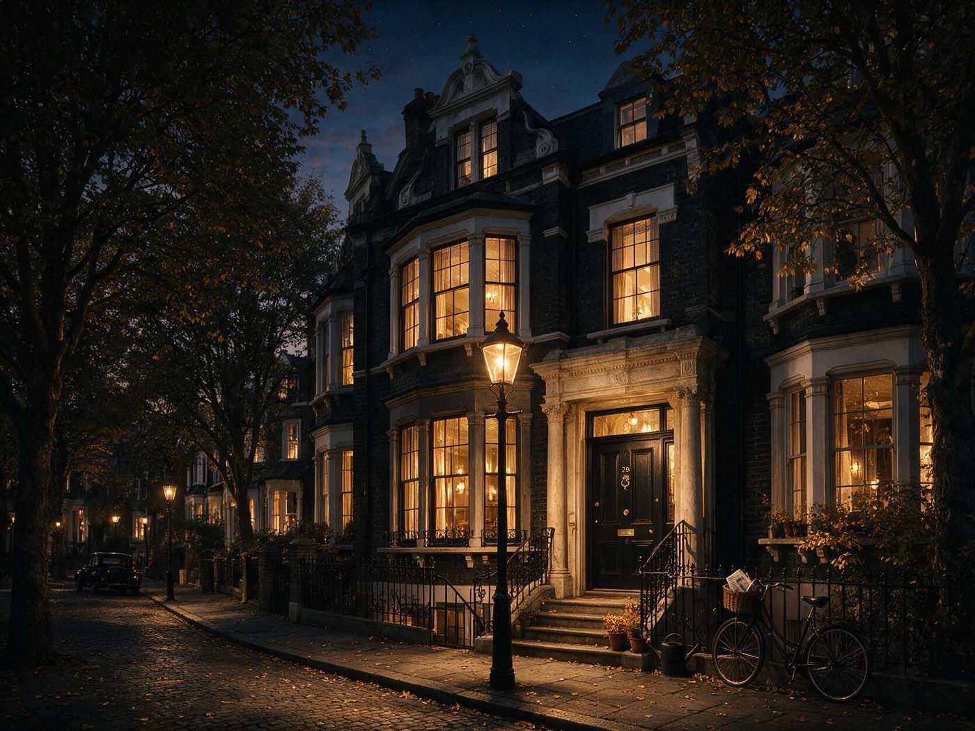 Victorian townhouse glowing at dusk