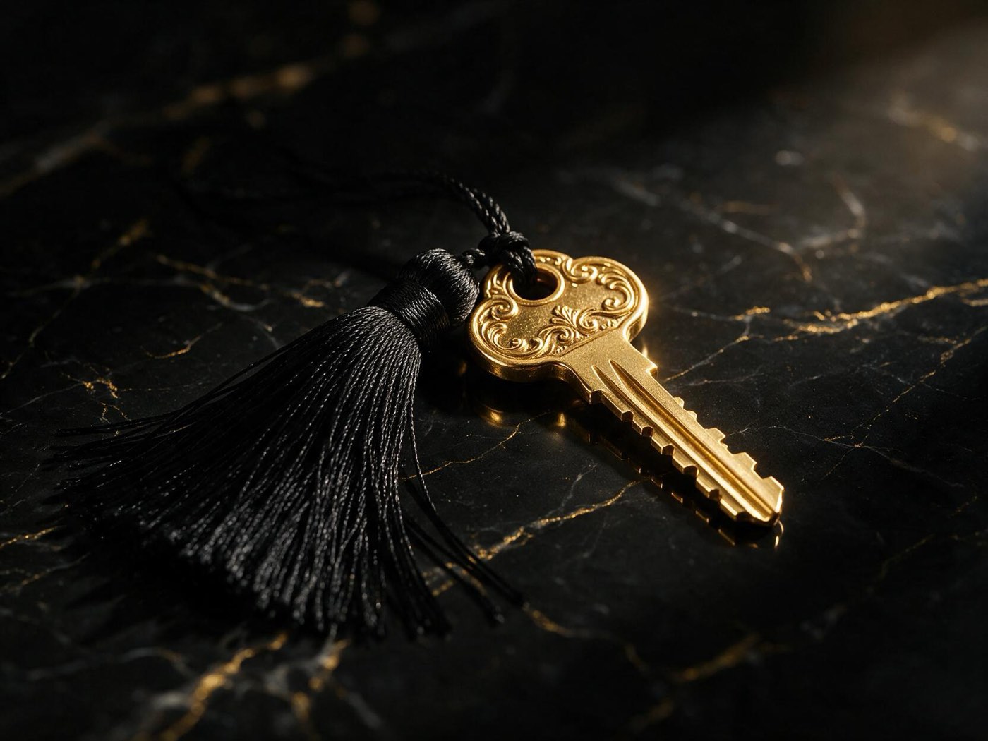 Brass key on black marble